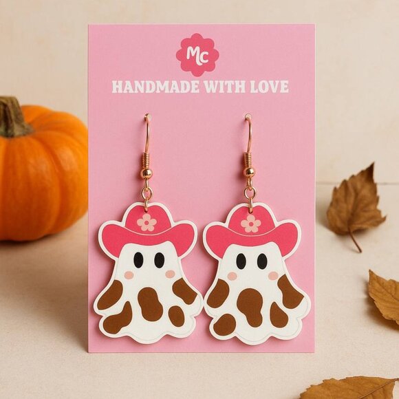 Cowgirl Ghost Earrings,  Pink Western Halloween Dangle Cute Spooky Kawaii - Picture 2 of 4